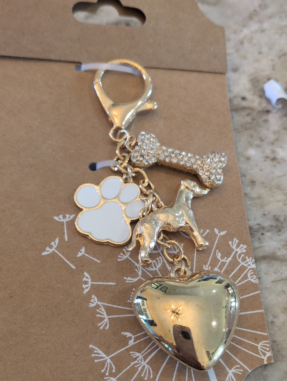 Gold Pet Charm Keychain with White Paw Accent
